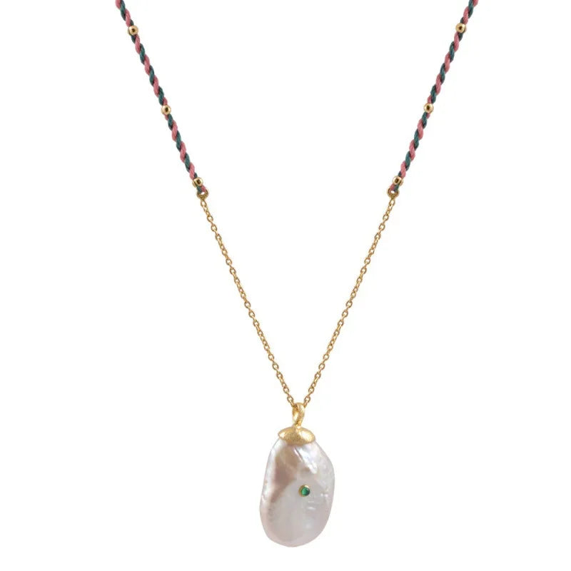 New Arrival 18K Gold Plated Baroque Irregular Pearls and Diamonds Necklace with Braided Rope Simple Fashion Style for Gift