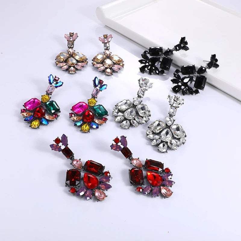 Luxury Jewelry Mixed Color Crystal Square Stud Earrings Rhinestone Glass Geometric Earrings for Women Dangling