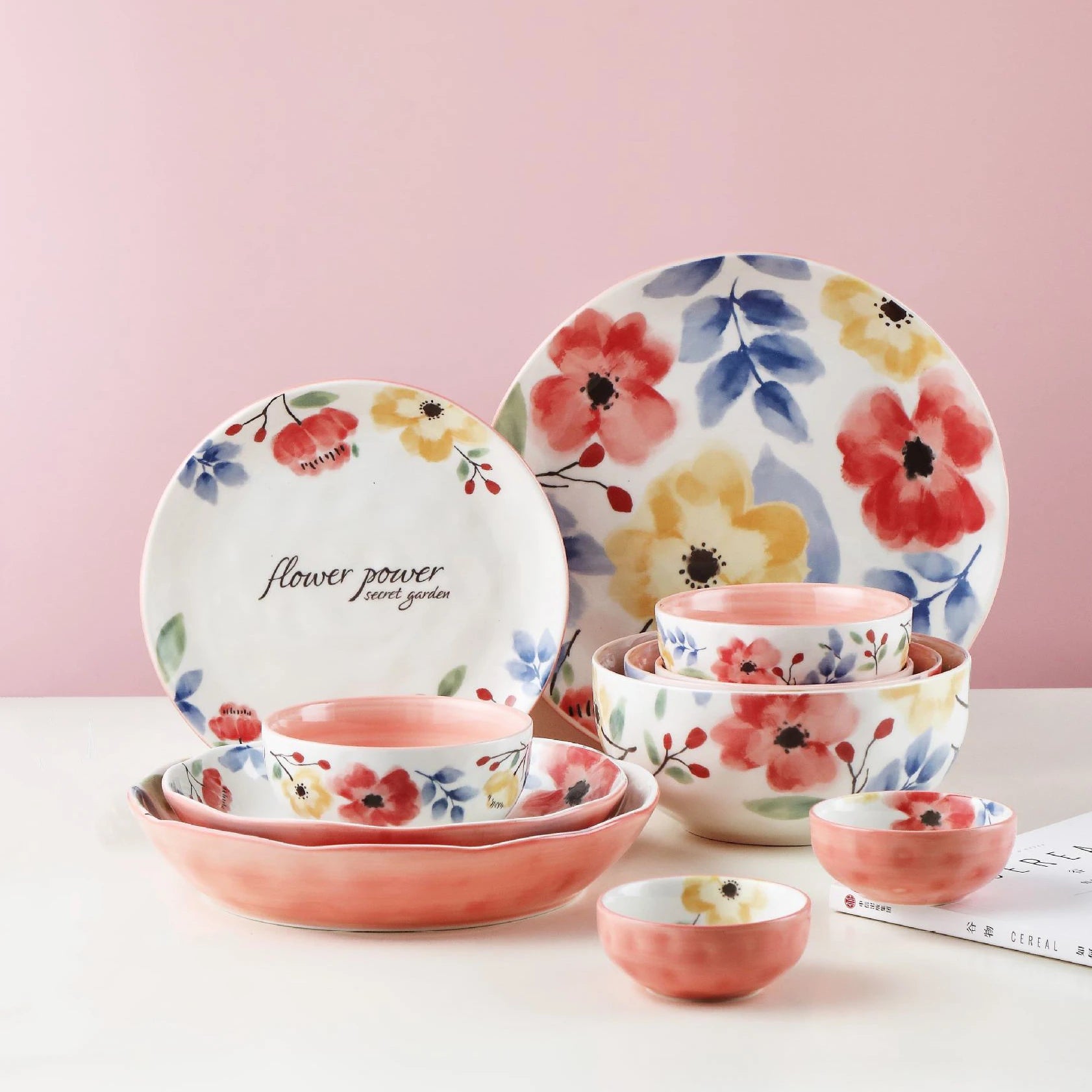 Factory Wholesale Hot Selling Nordic Pink Reactive Glaze Hand Painted Ceramic Dinnerware Set 16Pcs Restaurant Home Dinner Plates