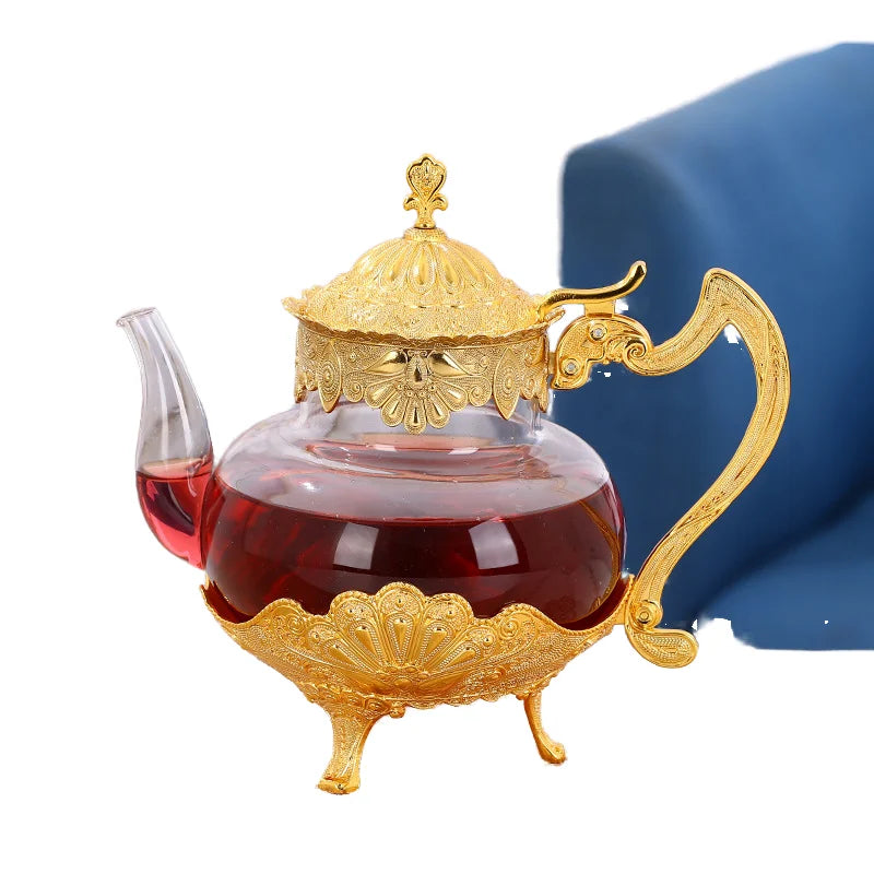 Qian Hu Luxury Vintage Glass Teapot Set Clear Turkish Style With Gold Metal Holder Coffee Drinkware Sustainable Arabic Design