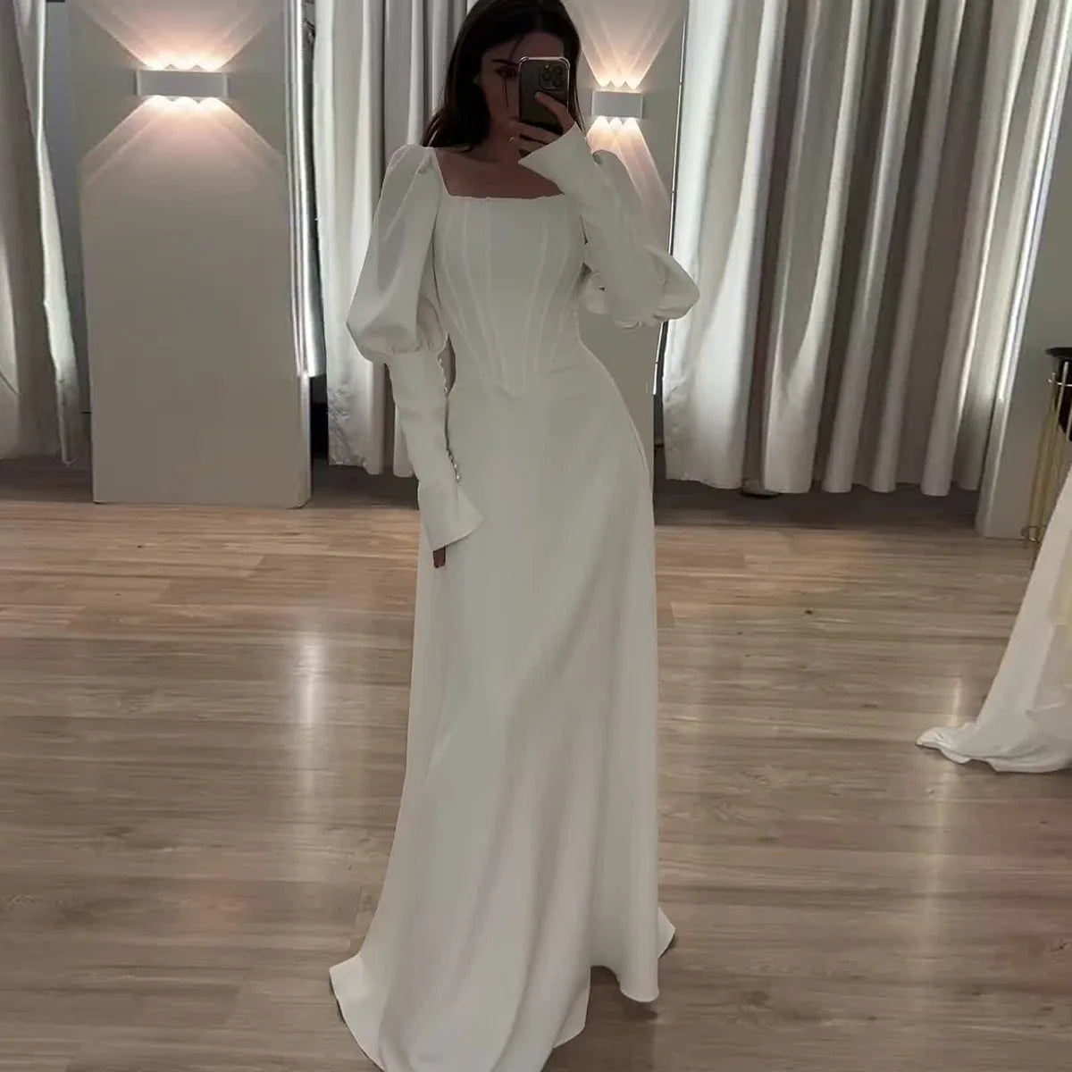 Boutique Wholesale 2026 Autumn New Fashionable Long Sleeved Waist Cinched Square Collar Mid Length Women's Dress