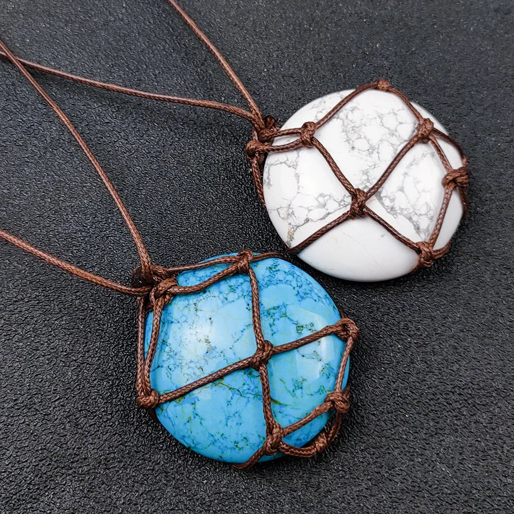 Natural Crystal Pendant Howlite Blue Howlite Turquoise With Braided Rope Pendant Necklaces