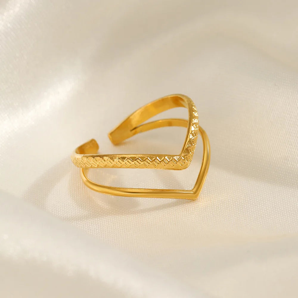 Minimalist 18K Gold Plated Waterproof Double Layer Hollow V Shaped Texture Stainless Steel Open Ring