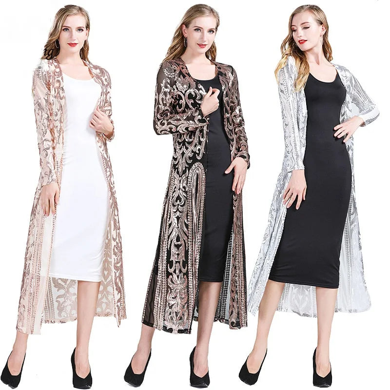 Fashion New Women's Clothing Long Sequin Open Front Long Sleeve Mesh Cardigan Blouse Cover Coat Evening Prom Party Tops Gift