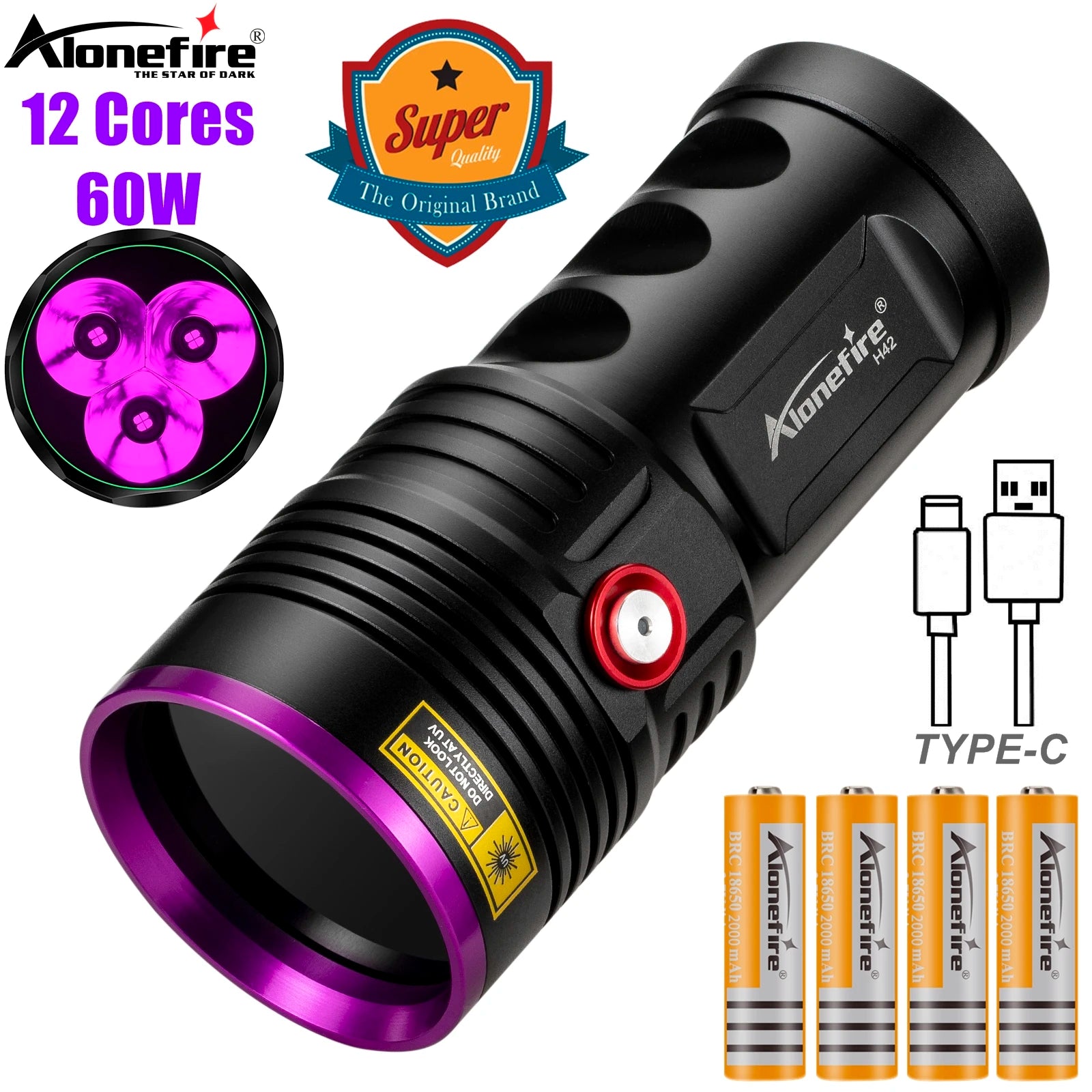 Alonefire H42 60W High Power 365nm UV Flashlight Detector Money Pet Stains Ore ID Work Marker Usb Rechargeable Checker Torch