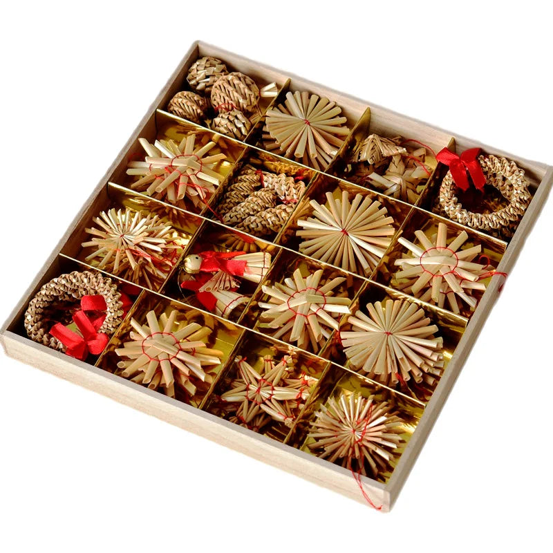 Natural Wheat Straw Handmade Modern Star Snowflake Snowman Christmas Tree Glass Hanging Ornaments BSCI Certified Gift Box Set