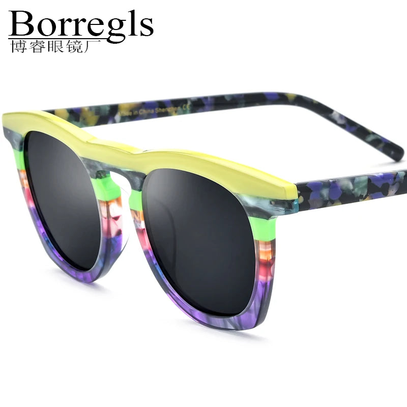 Borregls Matte Acetate Multicolour Polarized Sunglasses Men 2025 Brand Designer Round Sun Glasses Women Mirrored Shades 19342