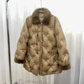 OFTBUY Women's Long Winter Jacket Goose Fur Collar Fashionable Embroidered Pearld Studded Mid-Length Loose Design Warm Stylish