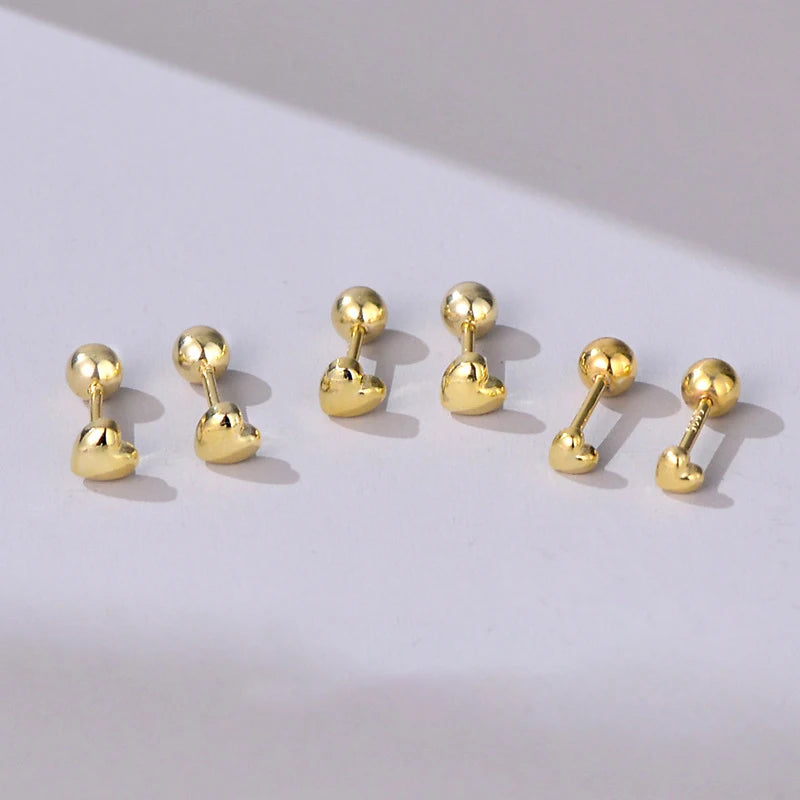 Genuine 925 Sterling Silver 3mm 4mm 5mm Heart Screwback Earrings