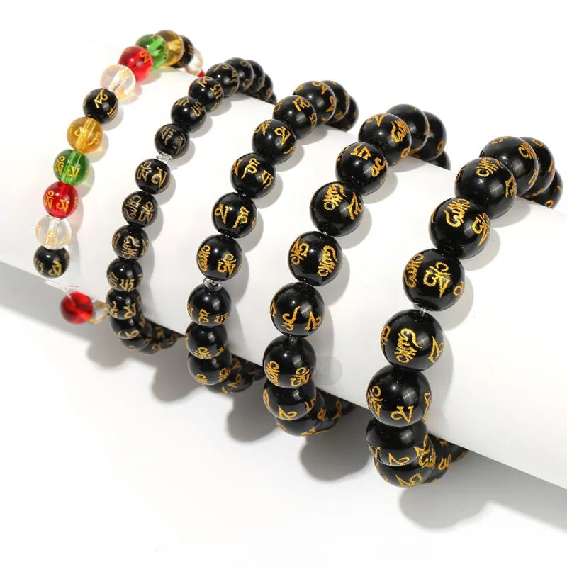 Wholesale Women Men Beads  Lucky Money Six Words Black Obsidian Wealth