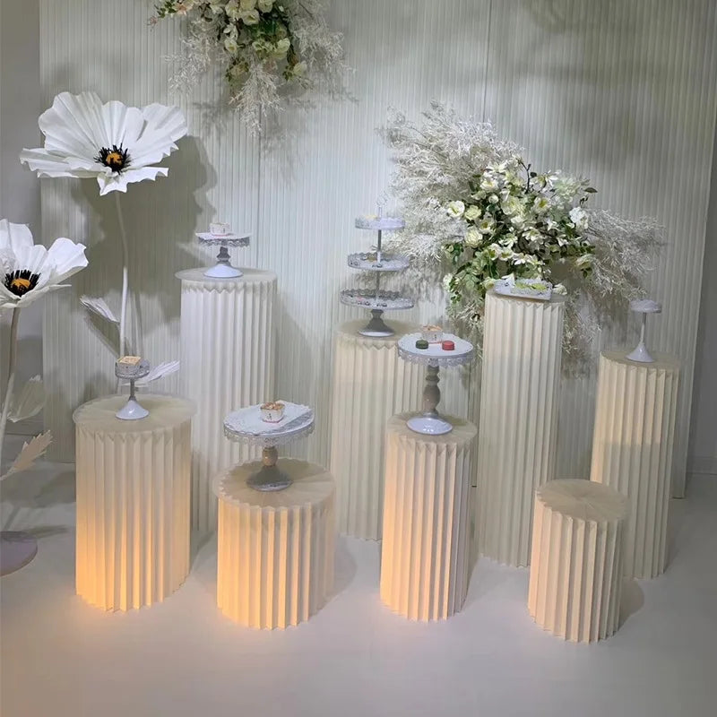 Free PVC Holiday Wedding Party Scene Interior Decoration Outdoor Props White Folding Paper Welcome Area Pillar Dessert Table