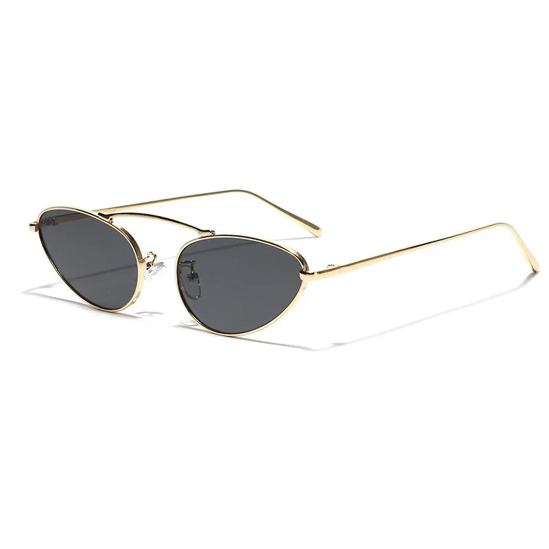 Trendy Double Beam Cat Eye Sunglasses Small Frame UV Sunscreen Glasses New Champagne Color Featuring Black White Pink Lens