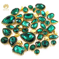 50pcs/bag Peacock Green Mixed Shape Crystal Glass Sew-on Rhinestones With Golden Lace Claw for DIY