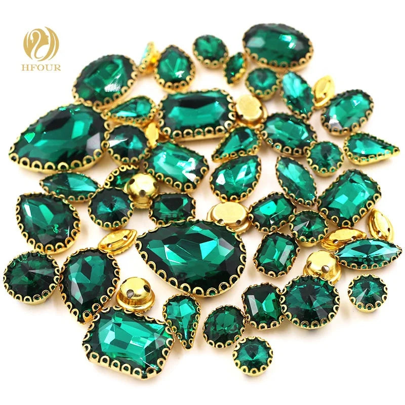 50pcs/bag Peacock Green Mixed Shape Crystal Glass Sew-on Rhinestones With Golden Lace Claw for DIY