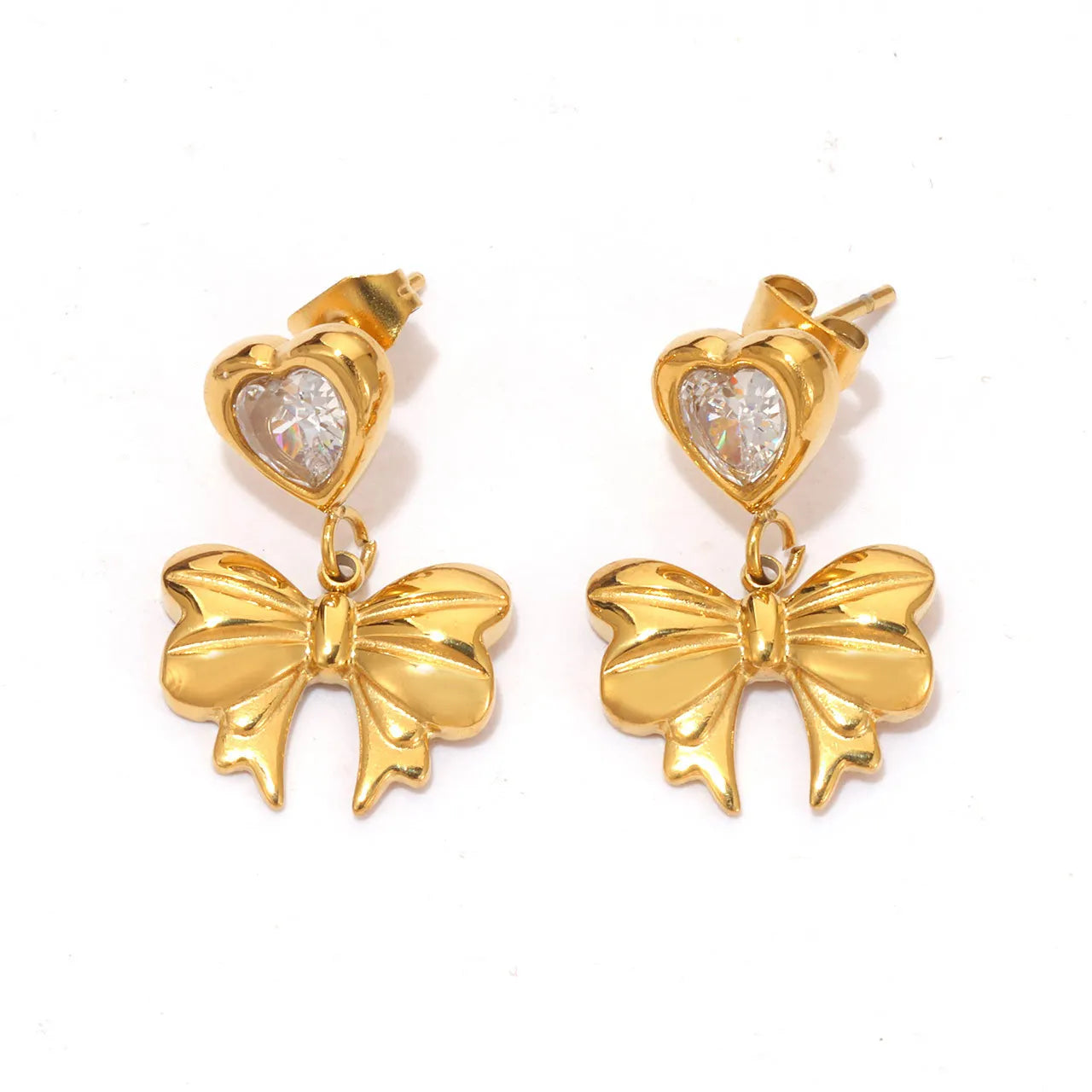 Fashion Heart-Shaped Zircon Drop Earrings Jewelry Accessories Stainless Steel Bow Earrings for Women Girl Party Gifts Wholesale