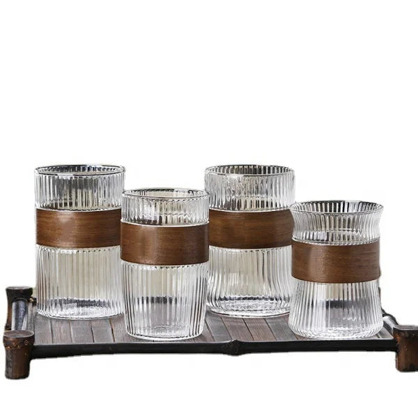 Glass Coffee Tea Tumblers 410ml Large Wide Mouth Traditional Chinese Striped Design Heat-Resistant Dishwasher Microwave Safe