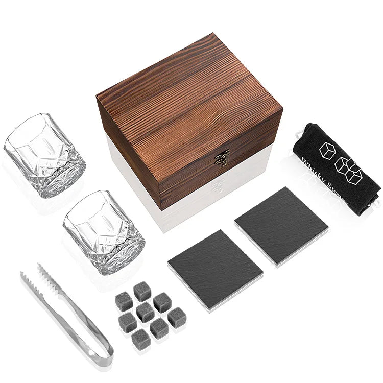 Reusable Stainless Steel Whisky Whiskey Stones Rocks Glasses Set with Stone Coasters Wooden Gift Box for Men for Bar Use