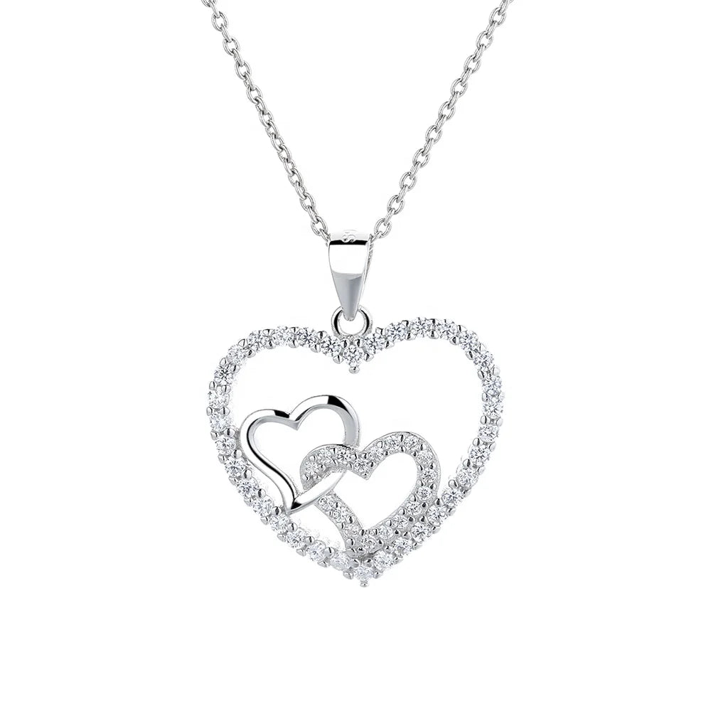 Wholesale Sterling Silver 925 Plated Double Heart Necklace with Crystal Heart Pendant Necklace