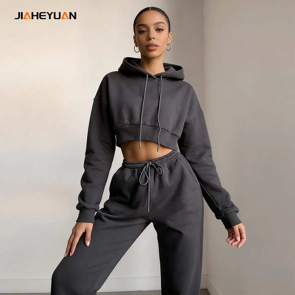 2026 Custom logo Knit Two Piece Set Women Clothing Joggers and Crop Top Hoodie Set