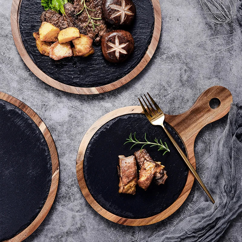 Black Slate Stone Acacia Wood Eco-Friendly Color Enamel Pizza Western Food Sushi Steak Plate Factory Direct