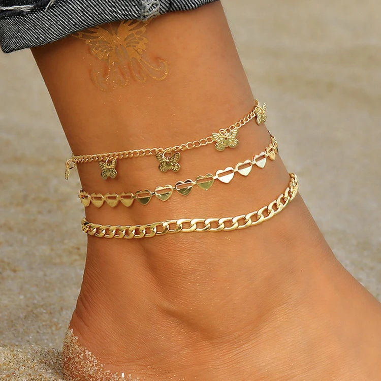 MS-67 Vintage Feet Jewelry Anklets New Design 3pcs Women Foot Bracelet Gold Alloy Chain Heart Butterfly Anklet