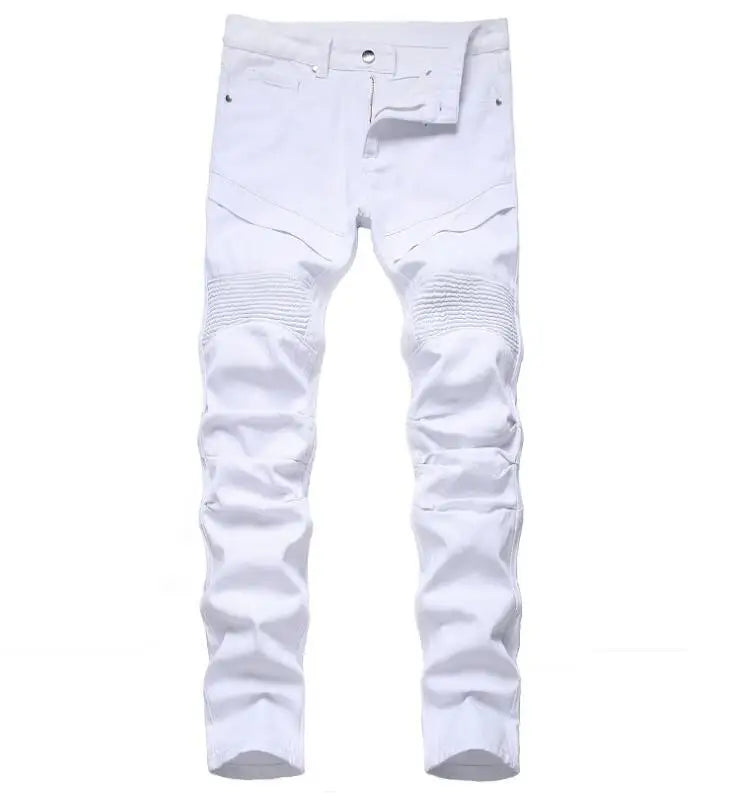 Custom Street Locomotive Style Zipper Jeans High Street Fashion Men's Slim Fit Jeans Black White Denim Pants