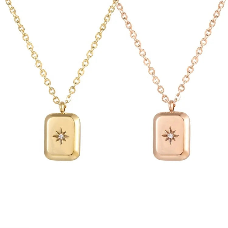 MECYLIFE Vintage Classic Stainless Steel Square Zircon Pendant Dainty Fashion Women Luxury Sun Star Necklace