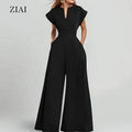 Spring Summer Solid Color Fashion New Jumpsuit Slant Hid-Waist Jumpsuits Playsuits Pants V Neck Half Sleeve