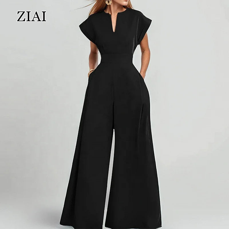 Spring Summer Solid Color Fashion New Jumpsuit Slant Hid-Waist Jumpsuits Playsuits Pants V Neck Half Sleeve