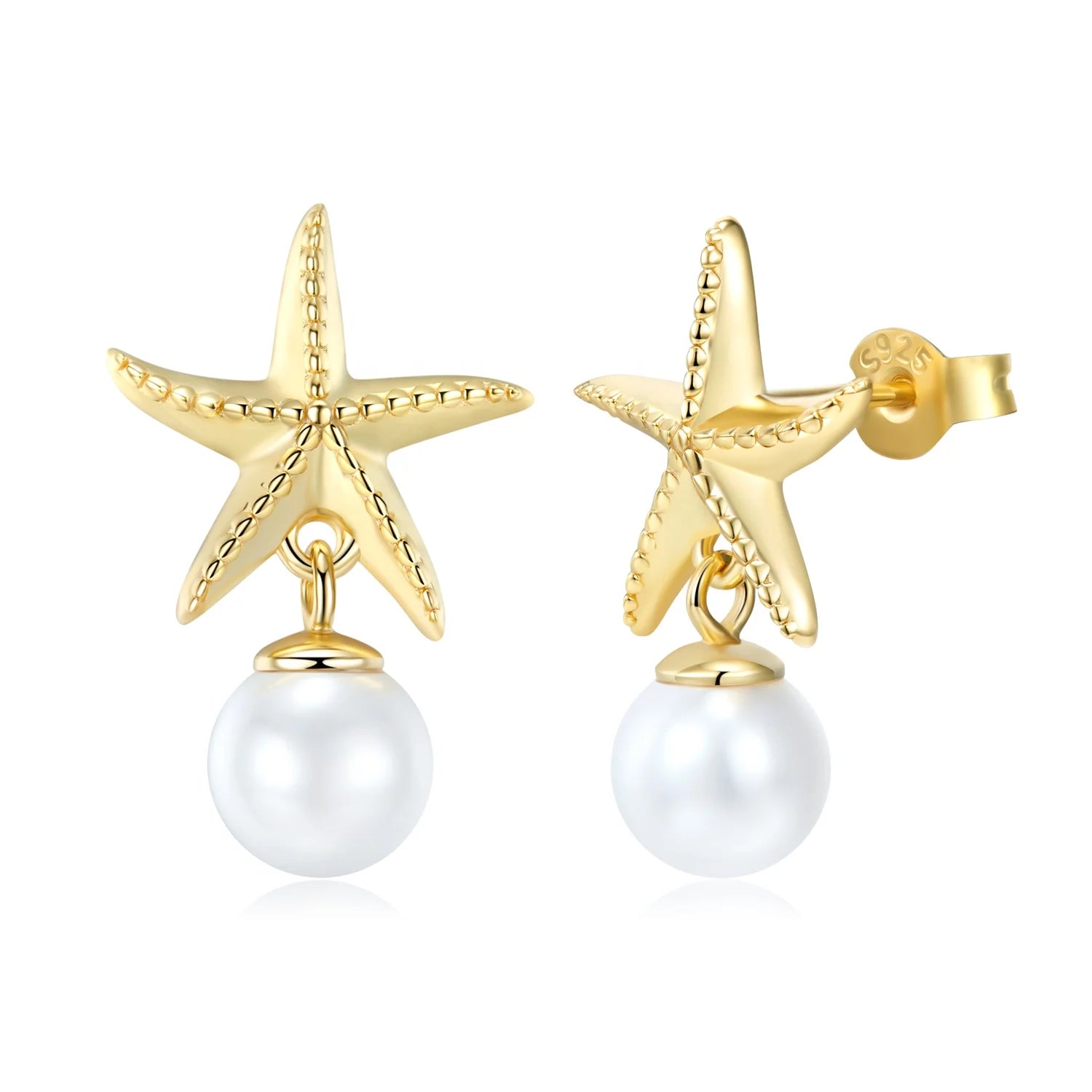 Starfish Pearl Gold Plated Stud Earrings Real 925 Sterling Silver Earrings or Women Fashion Design Ear Pin Studs Fine Jewelry
