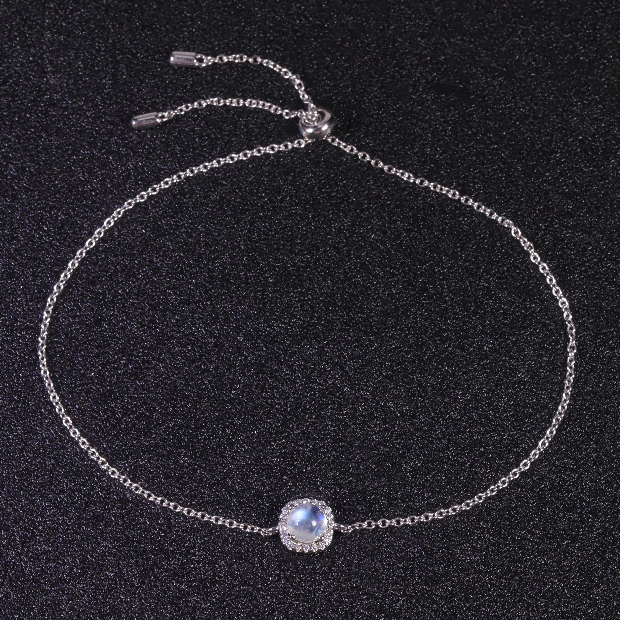 U16A Abiding Classic Style Adjustable 925 Sterling Silver 5mm Cabochon Round Natural Rainbow Blue Moonstone Bracelet