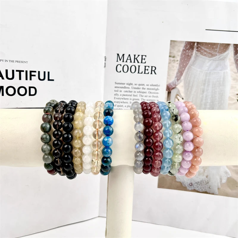 Fashion Jewelry Wholesale Polished 8mm Gem Stones Bead Mixed Material Elastic Crystal Bracelet for Gifts