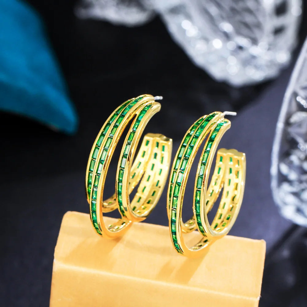 Pretty Creative Jewelry Multilayer Green Cubic Zirconia Stone 18k Gold Plated Big Hoop Earrings for Women Wedding Party Wear
