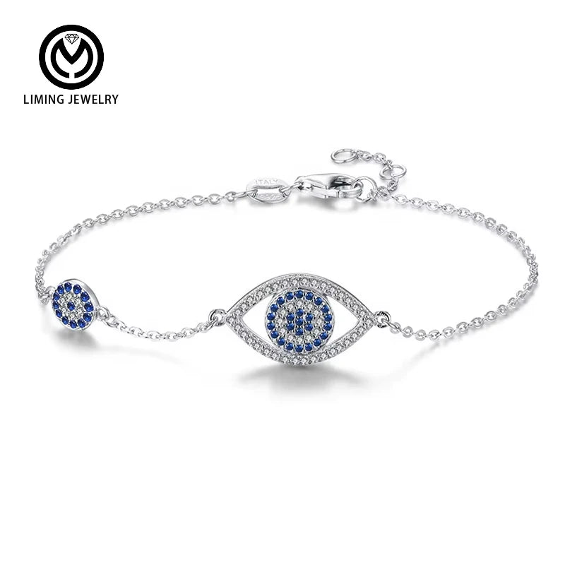 GB15 Wholesale Turkey 925 Sterling Silver Fine Jewelry Adjustable Luxury Blue CZ Zircon Evil Eyes Charms Bracelet for Women
