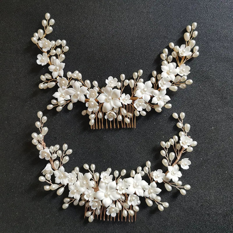 SLBRIDAL Handmade Rhinestones Pearls Ceramic Flower Leaf Bridal Hair Comb Wedding Headpieces Hair Accessories Women Jewelry