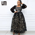 Liu Ming Autumn Elegant Fashion 2024 Women Casual Sexy Club Mesh Plus Size 5XL Black Full Sleeve High Waist Long Dress
