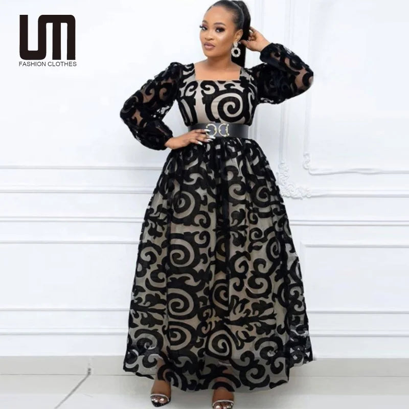 Liu Ming Autumn Elegant Fashion 2024 Women Casual Sexy Club Mesh Plus Size 5XL Black Full Sleeve High Waist Long Dress