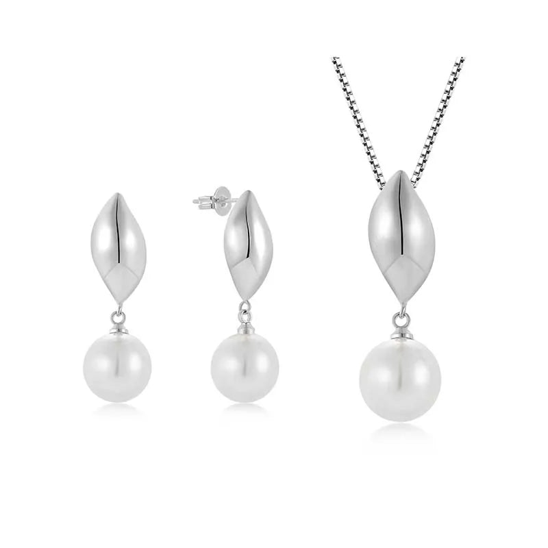 QX Wholesale Women Wedding Bridal Fine Jewelry Plated 925 Silver Freshwater Pearl Earring Necklaces Jewelry Set