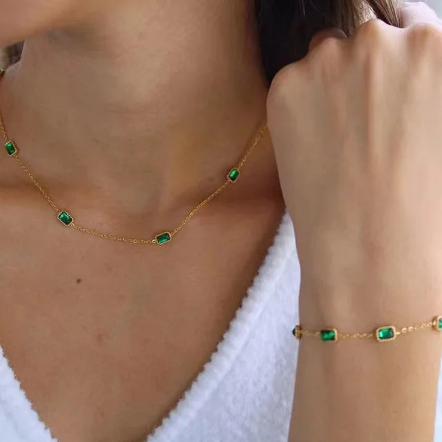 Sparking Diamond Chain Link Bracelet Necklace and Anklet Rectangular Green Cube Zircon Jewelry Set