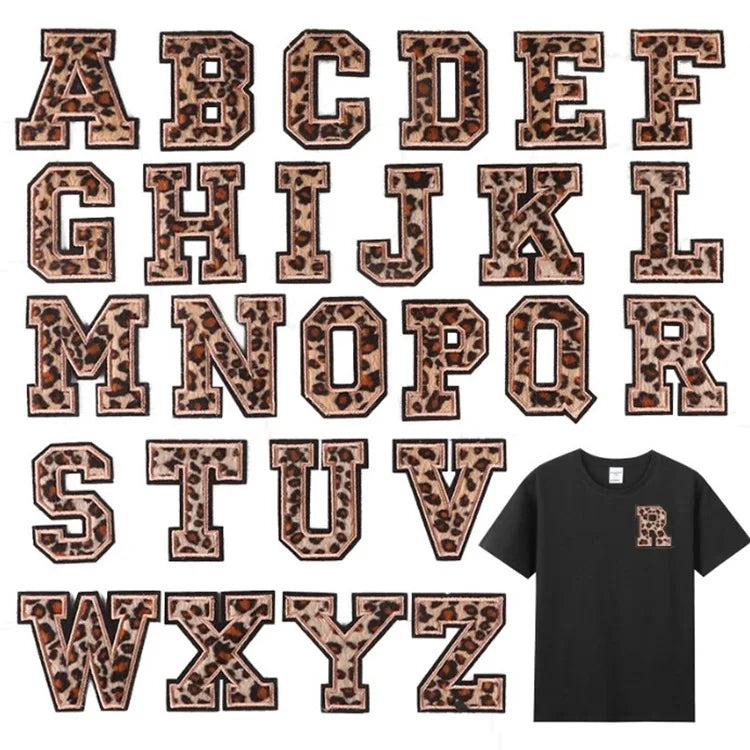 Hot Selling  6cm Leopard Print A-Z Letters Iron on Towel Embroidery Patches for Clothing Bag Accessories