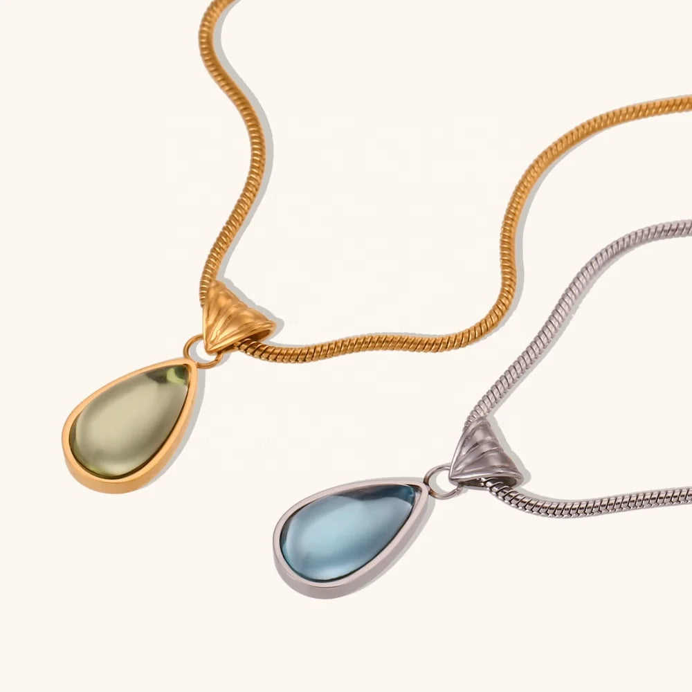 Dingran Fashion Summer Jewelry Water Drop Pendant Necklace 18K Gold Plated Stainless Steel Natural Stone Choker Necklace
