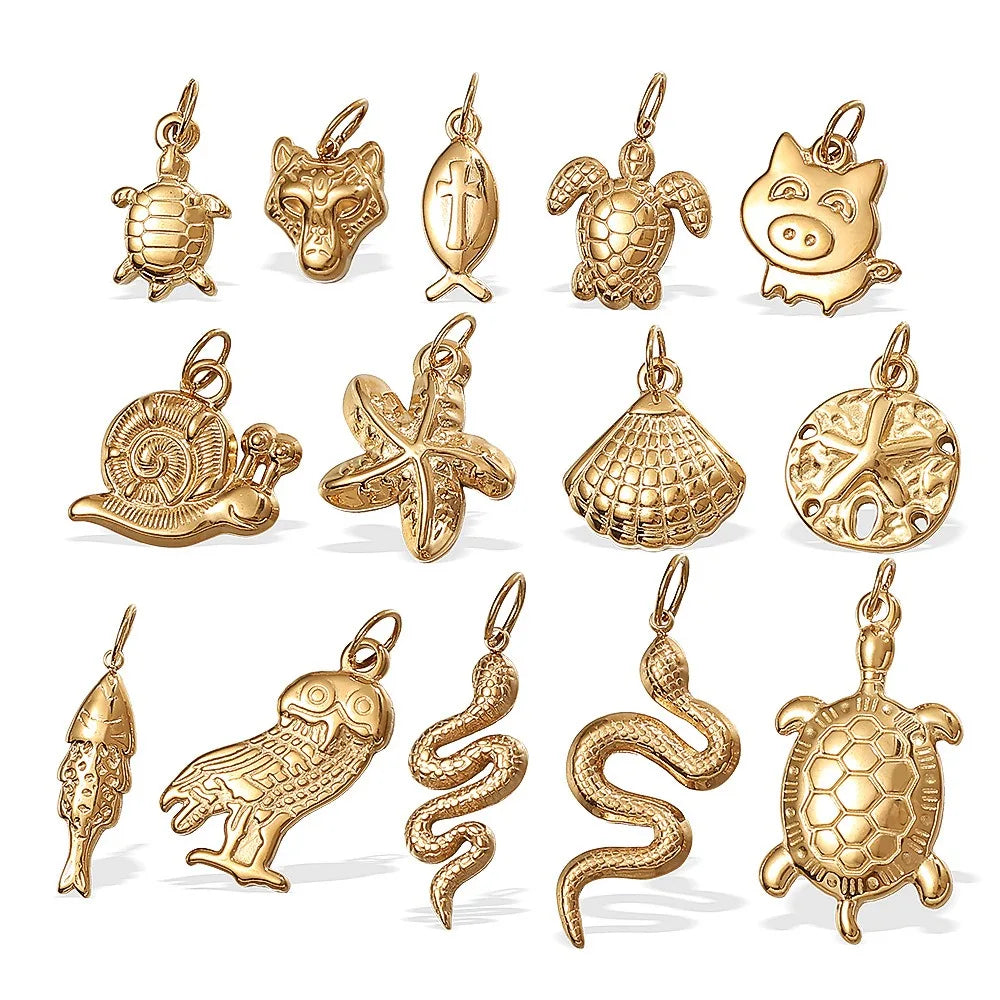 Summer Beach Stainless Steel 18k Gold PVD Plated Pig Owl Snail Snake Turtle Starfish Pendant for Necklace Ocean Animal Jewelry