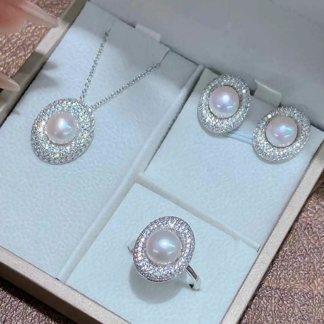Premium Engagement Gift Platinum Plated AAAA Grade 9mm Natural Freshwater Pearl Jewelry Set Pendant Necklace Earring Ring