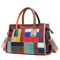 Genuine Cow Leather Handbag Women Vintage Fashion Geometric Pattern Contrast Color Shoulder Crossbody Bag Lady Top Handle Bags