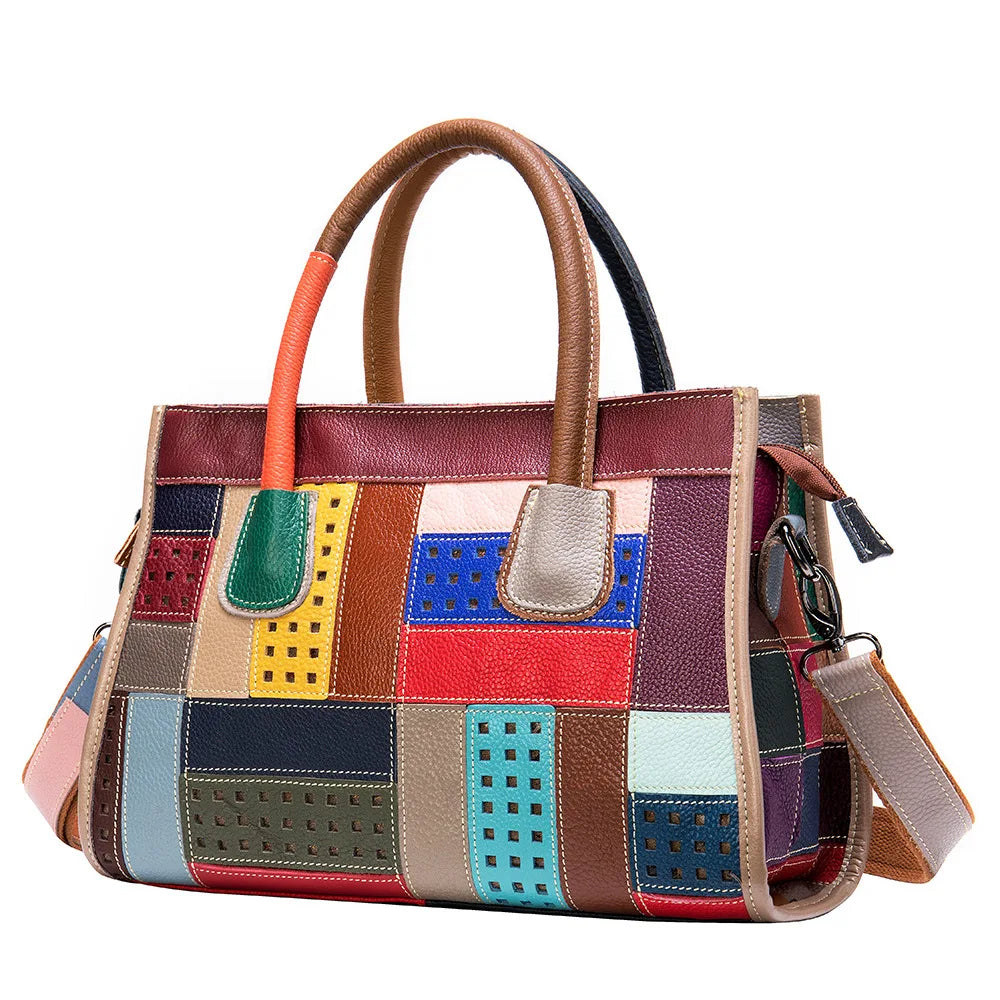 Genuine Cow Leather Handbag Women Vintage Fashion Geometric Pattern Contrast Color Shoulder Crossbody Bag Lady Top Handle Bags
