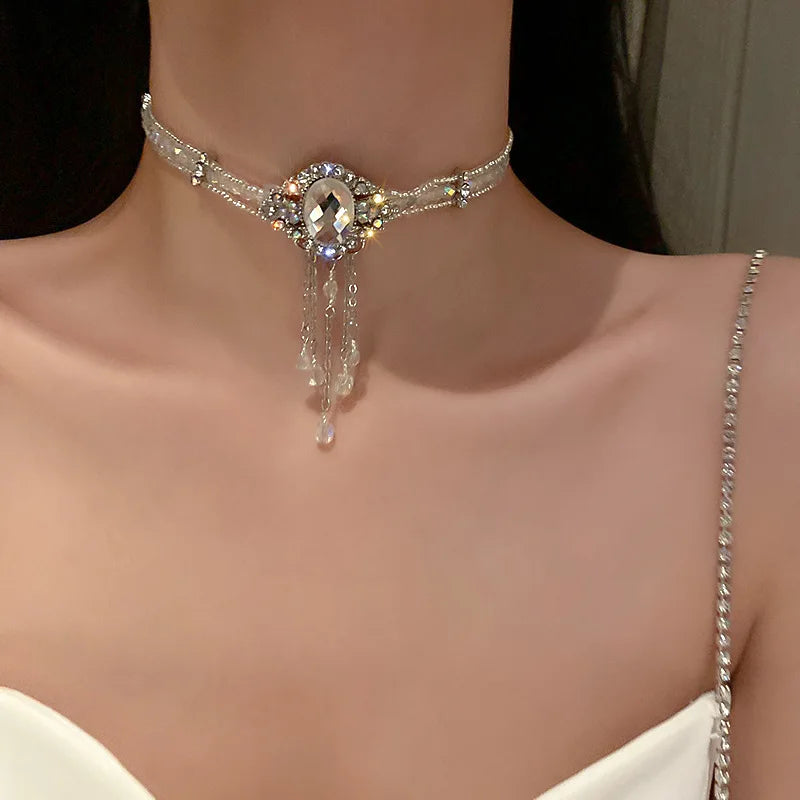 European and American Ins Fashion Luxury Personality Necklace Baroque Inlaid Rhinestone Crystal Pearl Multilayer Clavicle Chain