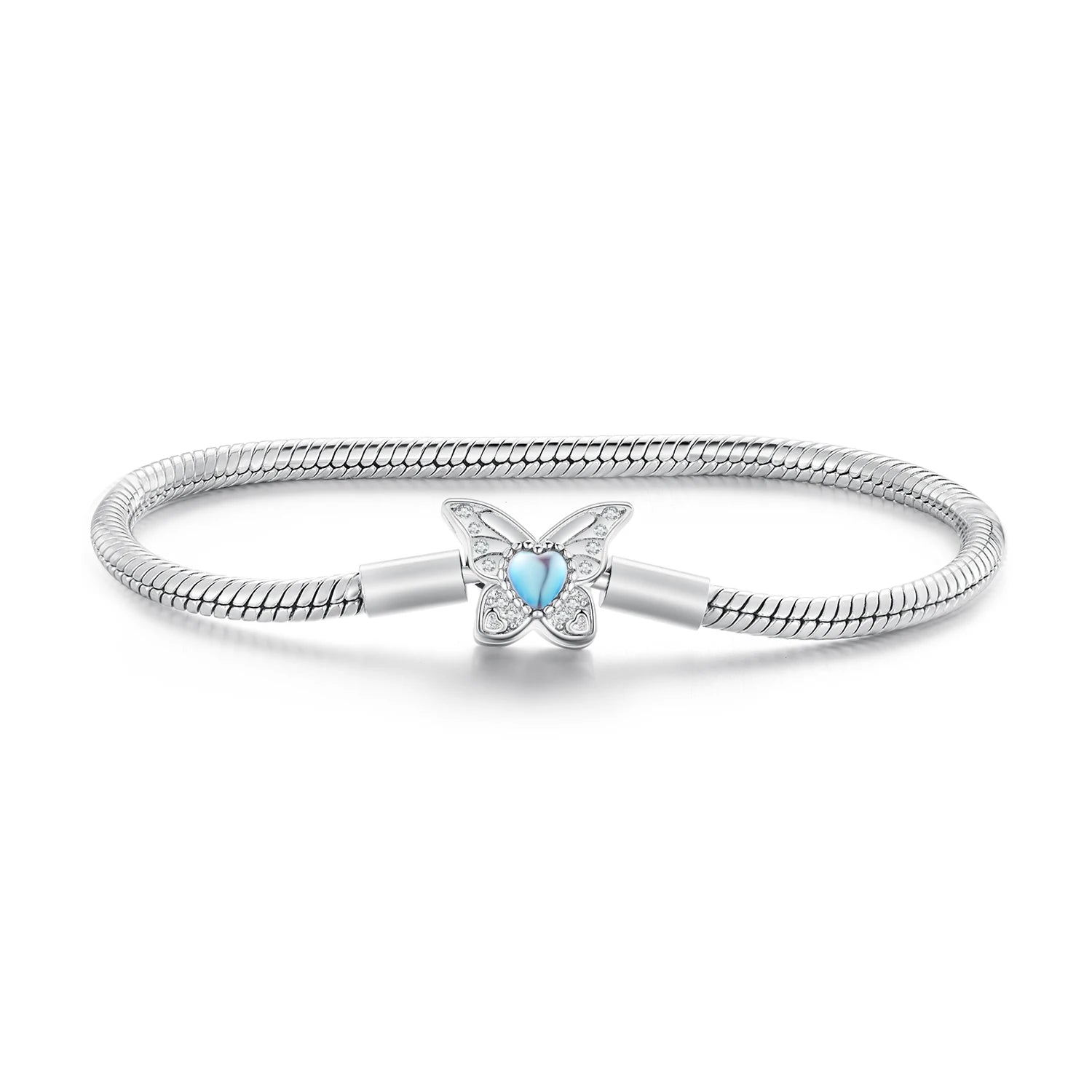 925 Sterling Silver Platinum Plated Moonstone Butterfly Snake Chain Bracelet Romantic Style Unisex Wedding Party Gift for Charms