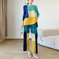Pleated  Co Ord Set 2022 Autumn and Winter New Style Casual Crew Neck Fashion Slim Color Block Two Piece Women's Set