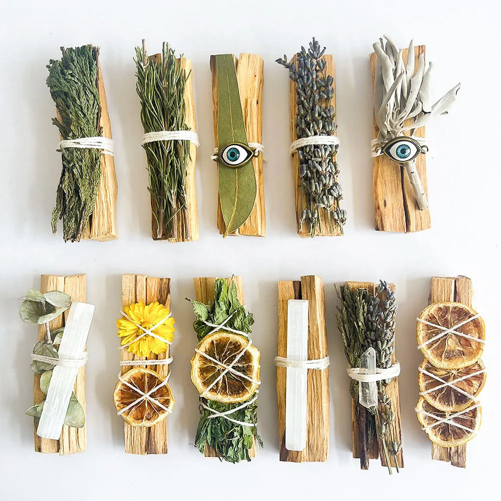 Organic Palo Santo Wood White Sage Cedar Rosemary Lavender Herb Aromatic Smudging Sticks Bundle for Home Energy Healing