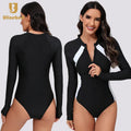 Black Simple Design Long Sleeve Surfing Suit Front Zipper One Piece Women Surfing Suit Swimwear with Breast Pads